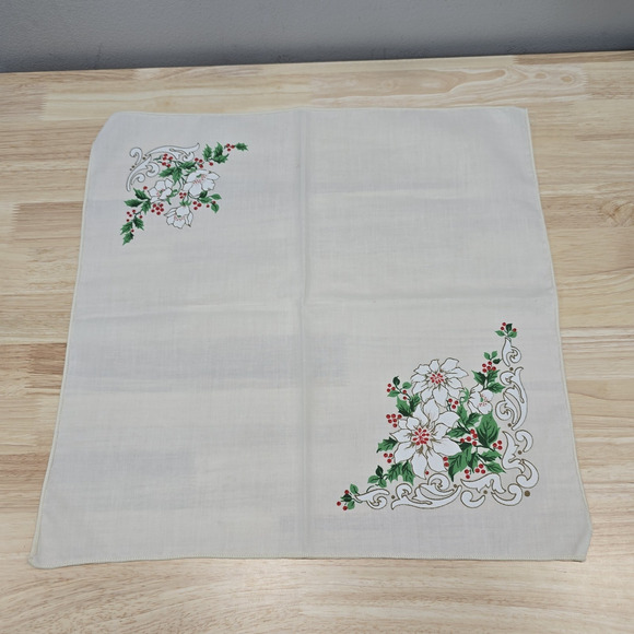 2 - Fabric Table Napkins Christmas Holly Berries Leaves White Poinsettia Flowers - Picture 8 of 15